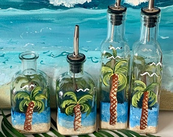 Painted olive oil bottle ocean scene, soap dispenser, soap dish, vinegar dispenser, liquid soap dispenser, tropical bottle, palm tree bottle