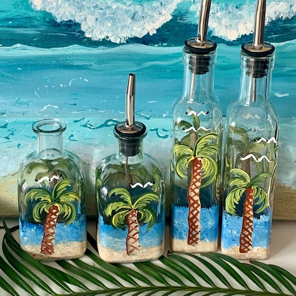 Painted olive oil bottle ocean scene, soap dispenser, soap dish, vinegar dispenser, liquid soap dispenser, tropical bottle, palm tree bottle