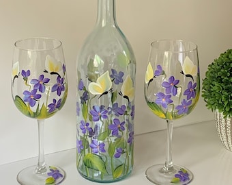 Wine glass set painted stemmed wine glasses, violets butterflies step mom gift, 50th birthday gift for women, godmother gift