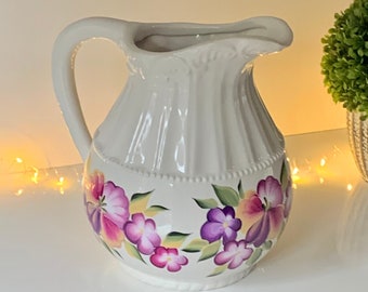 Painted floral ceramic pitcher social worker gift, 50th birthday gift for women, pansy wedding anniversary gift, sister gift from sister