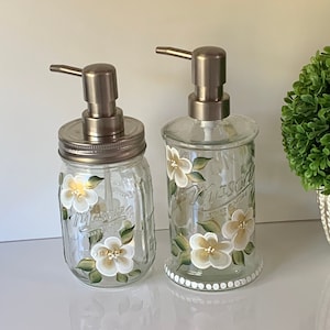 Painted hand soap dispenser, soap dish, hand soap bottle, hand lotion dispenser, dish soap dispenser white flowers bathroom decor