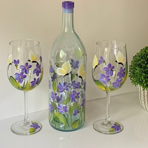 Wine glass set painted stemmed wine glasses, violets butterflies step mom gift, 50th birthday gift for women, godmother gift