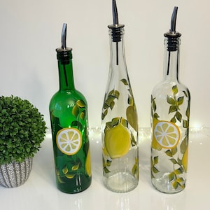Painted lemons oil bottle, one olive oil dispenser, soap dispenser, dish soap bottle lemon kitchen housewarming gift, recycled wine bottle
