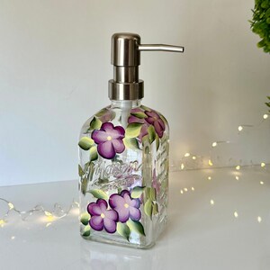 Soap dispenser painted flowers, dish soap dispenser, pretty floral soap dish, glass hand soap dispenser, pump liquid soap dispenser