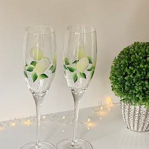 Champagne flutes, cocktail glasses, painted flutes yellow rose buds, crystal glasses wedding gift for her, toasting flutes for anniversary
