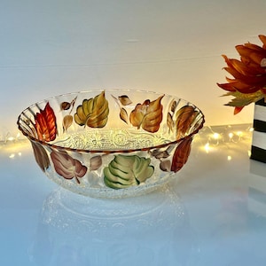 Hand painted glass bowl with fall leaves, salad bowl, snack dish, candle holder, potpourri dish, fall candy dish