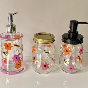 Painted hand soap dispenser, floral soap dish, hand soap bottle, hand lotion dispenser, dish soap dispenser, whimsical bees bathroom decor