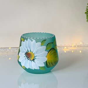 Hand painted candle holder on a frosted blue glass with white daisy, seafoam blue glass tea light holder, votive holder summer wedding gift