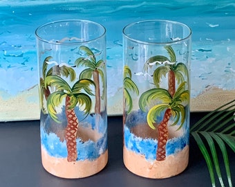 One tropical glass vase, palm tree decor, coastal kitchen vase, floating candle holder centerpiece, beach house  decor, Mother’s Day gift