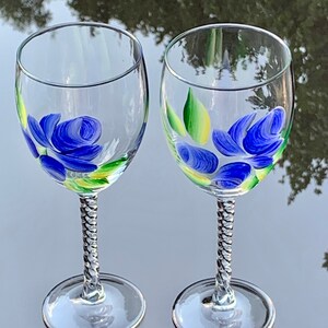Painted wine glasses, blue roses glass, 10 1/2 oz, white wine glasses, white wine glass, wine goblet, blue wedding gift