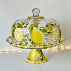 Cake stand dome set lemons, cupcake stand, painted lemons, lemons punch bowl, glass cake dish, Godmother gift, step mom gift, wedding gift