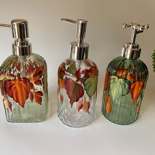 Fall soap dish, painted glass dish soap dispenser, painted fall leaves soap dish, autumn dispenser, fall glass soap dispenser
