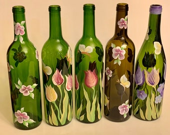 Painted olive oil bottle, spring tulips oil bottle, butterflies bottle, lighted bottle, spring oil dispenser, liquid soap dispenser recycled