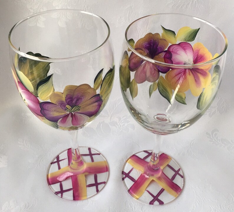 Pansies Wine Glasses Wine Goblet Painted Wine Glass Set Etsy