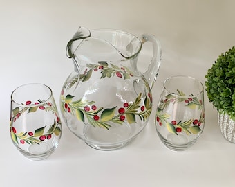 Hand painted glass pitcher set with Christmas berries, holiday pitcher, winter berry pitcher stemless wine glasses