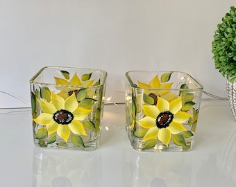 Painted glass candle holder yellow sunflowers, 21st birthday gift for her, painted sunflowers, votive candle holder, hand painted glass