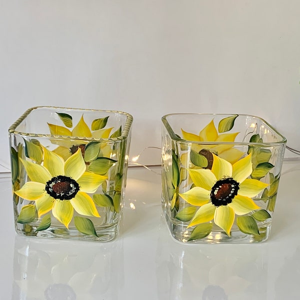 Painted glass candle holder yellow sunflowers, 21st birthday gift for her, painted sunflowers, votive candle holder, hand painted glass
