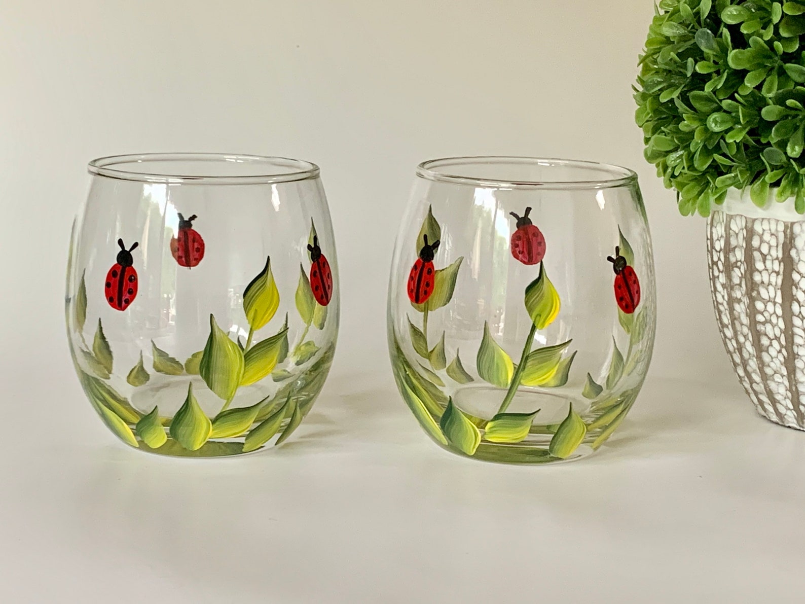 Painted Wine Glasses Stemless Ladybugs Valentines Gift Etsy