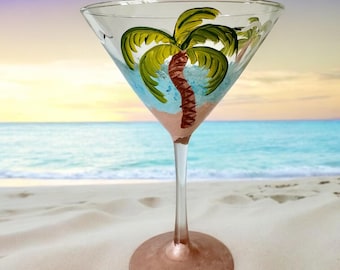 One cocktail martini glass tropical, 21st birthday gift for her, tropical martini ocean palm tree glass candle holder, tropical dessert cup