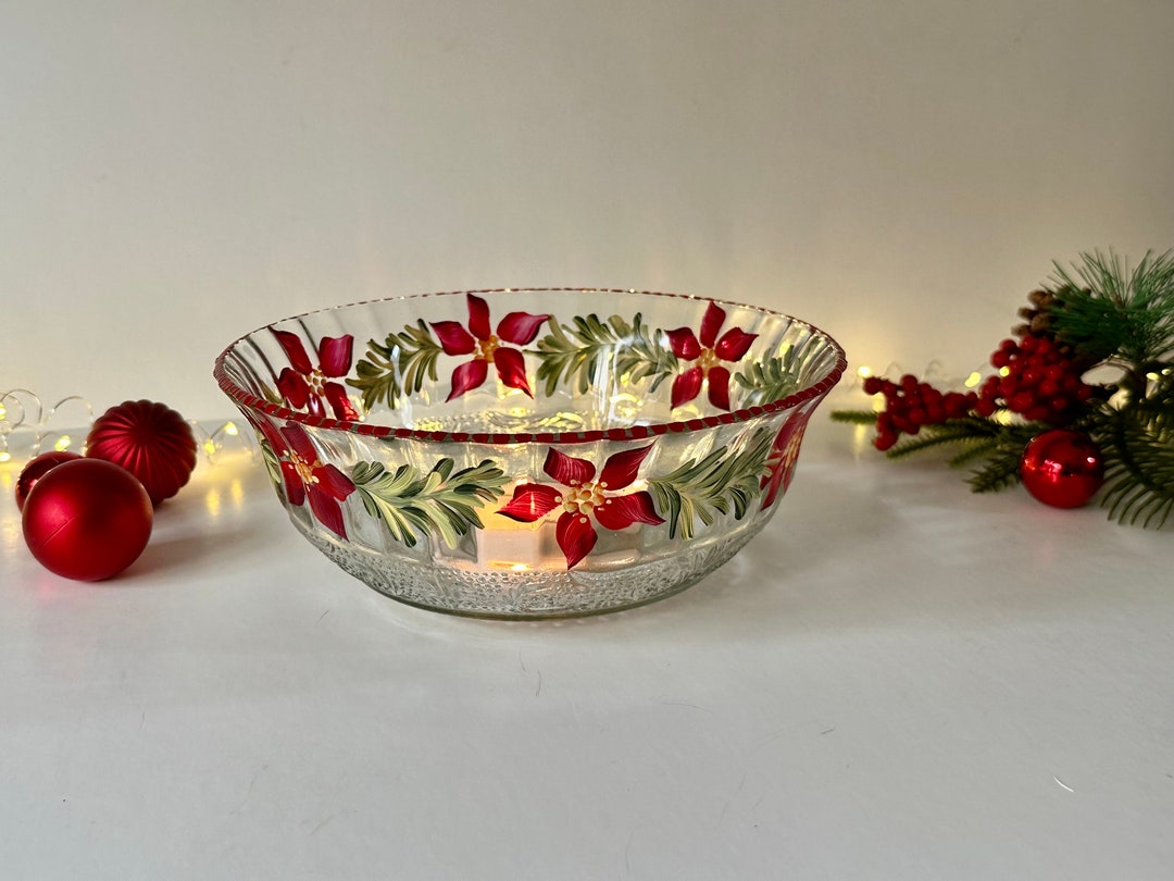 Painted Poinsettia Glass Bowl, Christmas Centerpiece, Grab Bag Gift for Coworker, Holiday Cookie