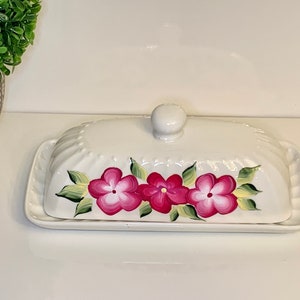 Painted magenta floral ceramic butter dish, covered butter dish, painted pink flowers butter dish with lid, bridal shower kitchen gift
