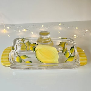 Butter dish, painted glass, painted lemons, butter dish with lid, painted butter dish, butter keeper, covered dish, Mother’s Day gift
