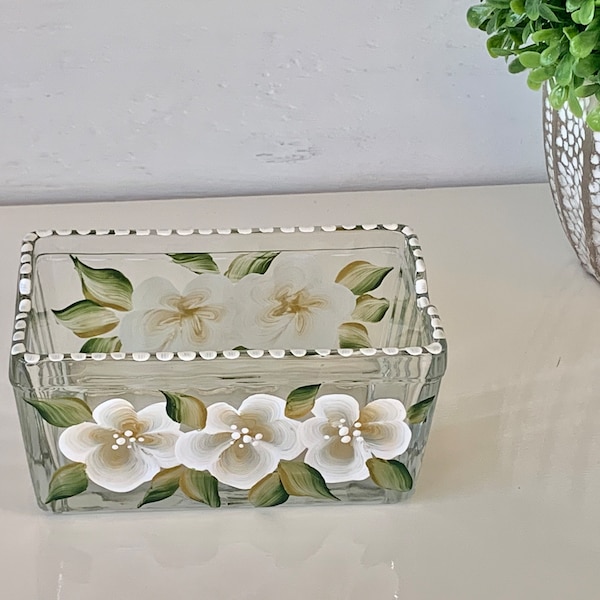 Sweetn'low hand painted glass container  with white and gold flowers all around, great for your sugar packages, tea bags when entertaining.