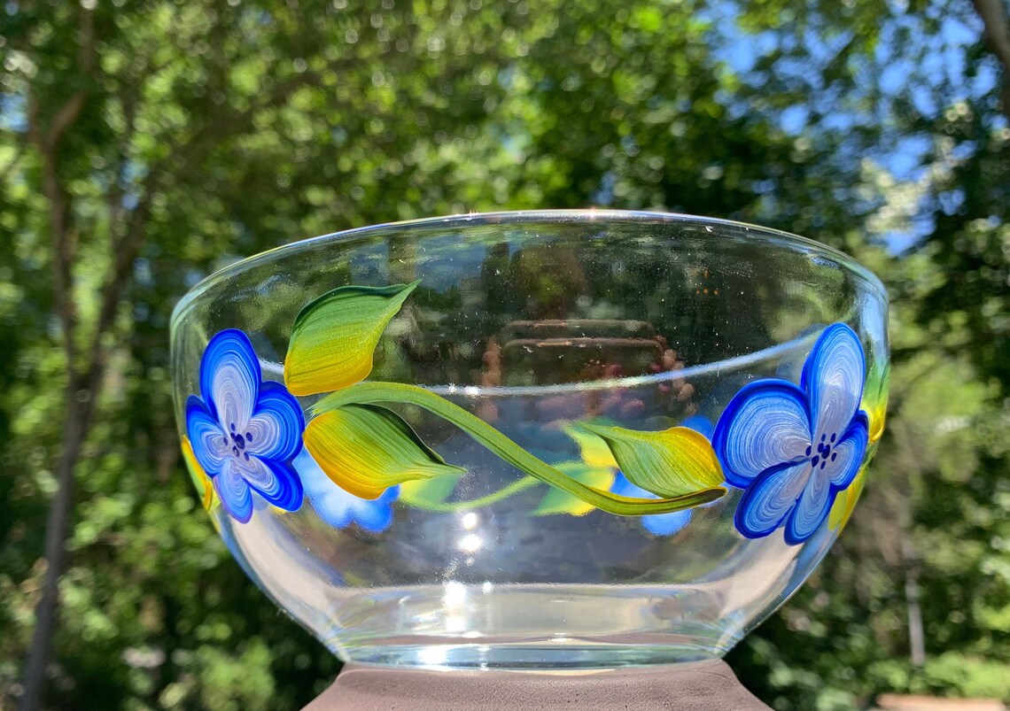 Painted Glass Bowl Bright Blue Flowers Cute Snack Bowl Etsy