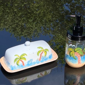 Painted butter dish or soap dispenser, ocean scene, covered butter dish with lid, soap dish, tropical  scene, dish soap dispenser, mom gift