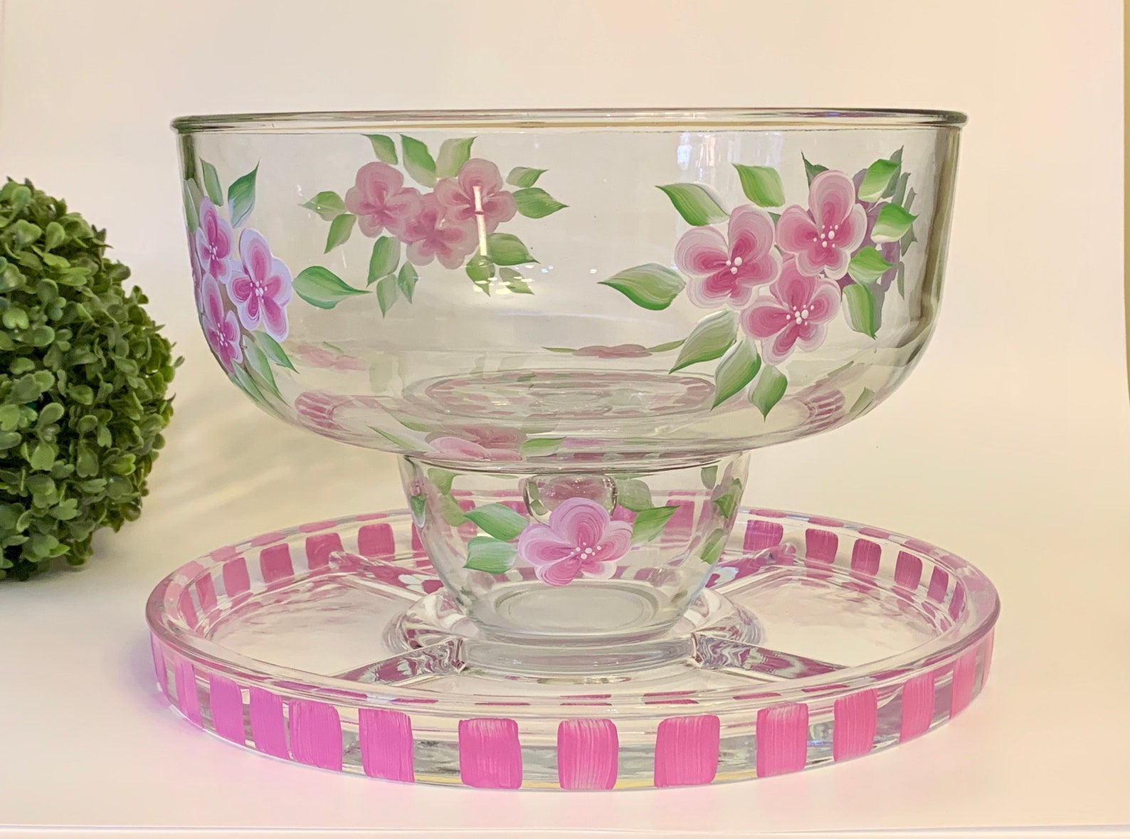 Hand Painted Glass Cake Dome and Plate Set With Beautiful Pink Etsy