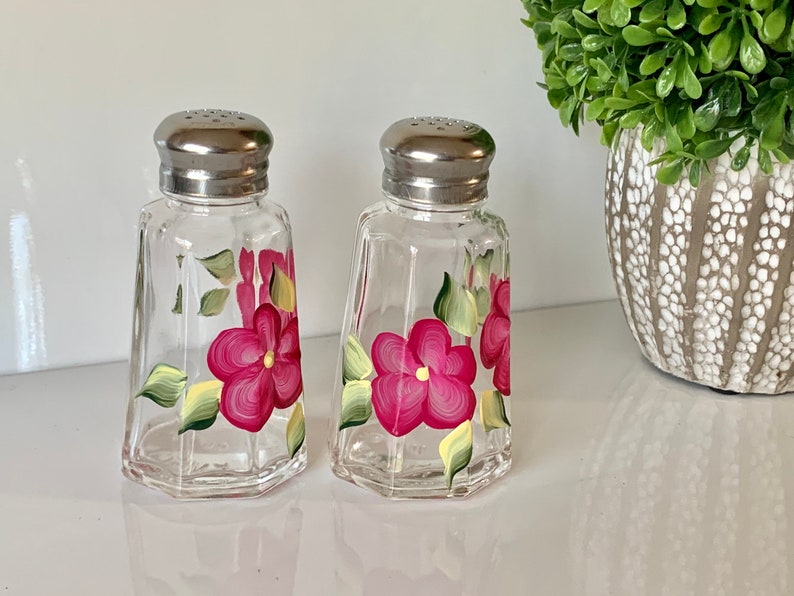 Hand painted salt and pepper shakers, magenta floral glass shaker set, painted shakers, handpainted glass table decor image 7