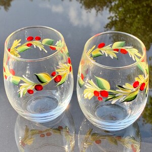 Stemless wine glass painted with holly berry. Listing is for two glasses. image 10