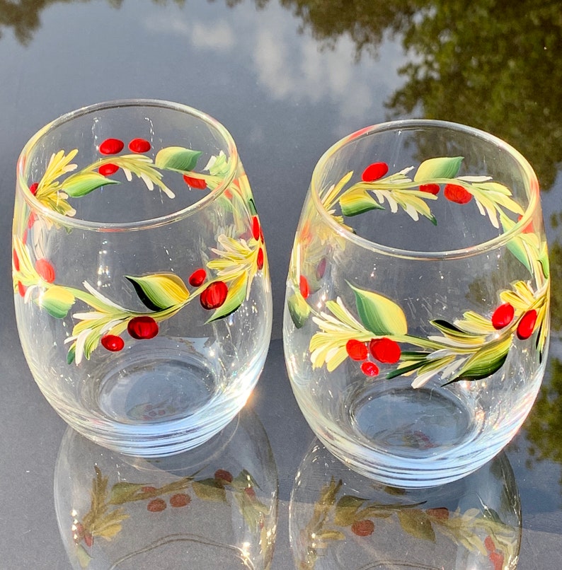 Stemless wine glass painted with holly berry. Listing is for two glasses. image 10