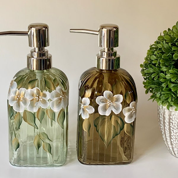 Dish soap dispenser, soap dish, sanitizer dispenser, white flowers lotion dispenser, glass hand soap dispenser, soap pump bottle, mom gift