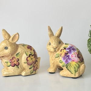 Hand painted Easter bunnies, antique look, painted resin bunny,  spring Easter decor, Easter table centerpiece, flowers painted unique bunny