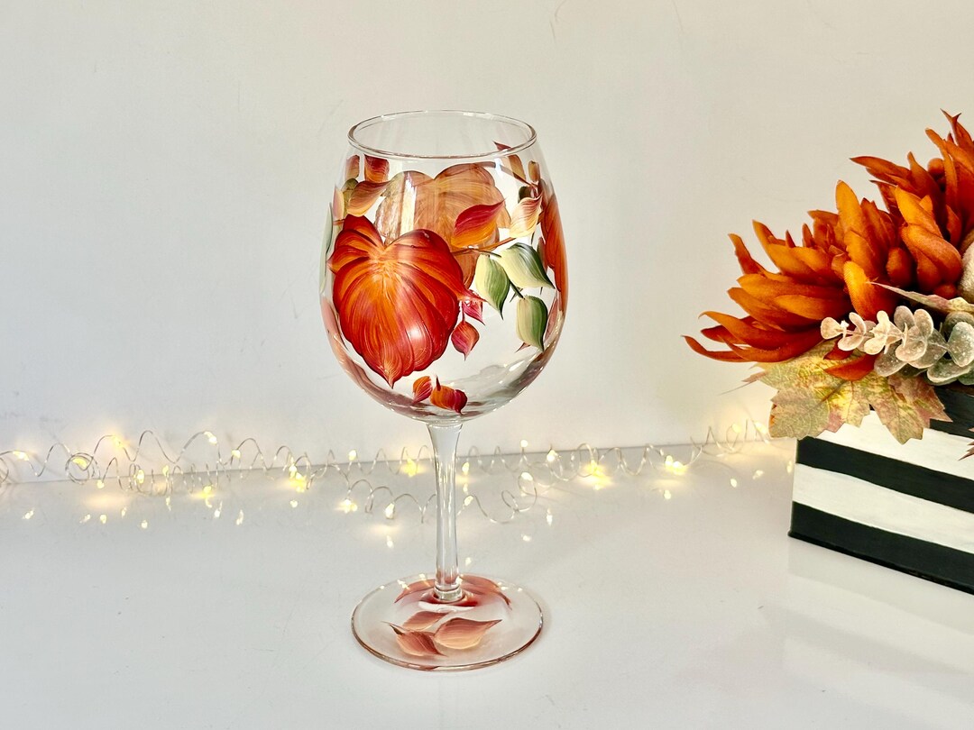 Fall Wine Glass Colorful Leaves, Autumn White Wine Glass, One Goblet ...