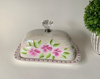 Butter dish, covered ceramic butter dish, painted pink flowers, butter dish with lid, spring butter keeper, housewarming gift, pretty dish