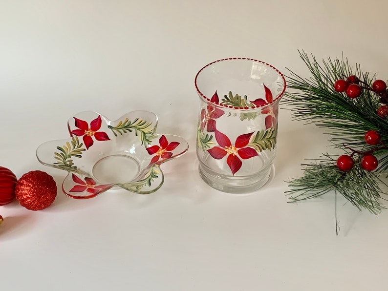 Poinsettia Candle Holder Hand Painted Winter Glass Dish Cute Etsy