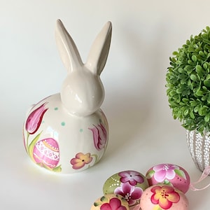 Hand painted Easter bunny with tulips, ceramic bunny, cute Easter bunny rabbit, Easter table decor, spring rabbit