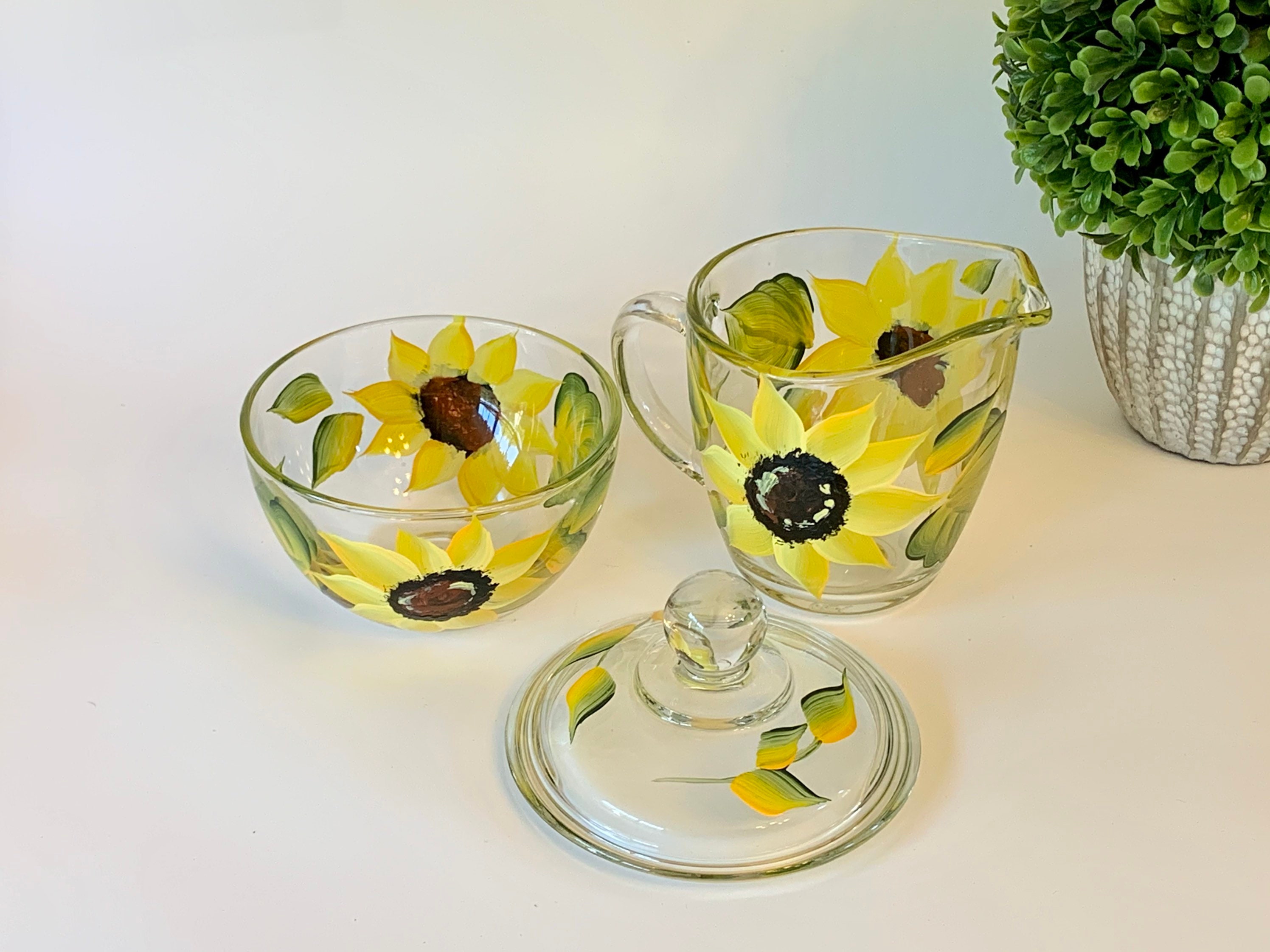 Hand painted glass sugar and creamer set sunflowers or sage Etsy