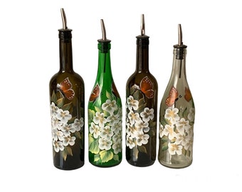 Olive oil bottle, dish soap dispenser, painted wine bottle, oil dispenser, liquid soap, oil bottle, painted white flowers butterfly bottle