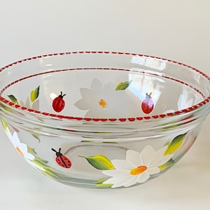 Painted glass bowl daisies ladybugs, cute ladybug snack dish, nuts bowl, single salad bowl, candle holder, potpourri bowl