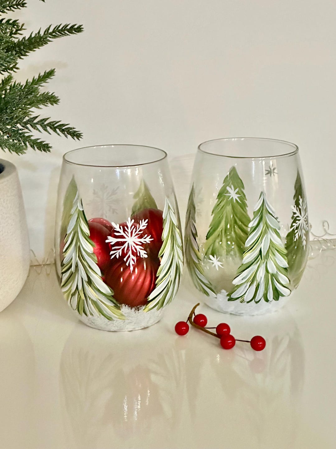 Painted Winter Wine Glass ONE Stemless Christmas Cocktail Glass painted-winter-wine-glass-one-stemless-christmas-cocktail-glass