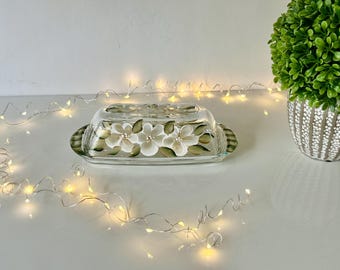 Painted glass covered butter dish with lid, kitchen table decor butter keeper, housewarming white flower kitchen gift, grab bag gift