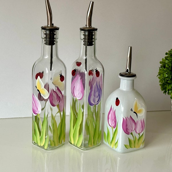 Spring olive oil bottle tulips butterfly, ladybug glass dish soap dispenser,  vinegar bottle dressing dispenser, spring Easter table decor