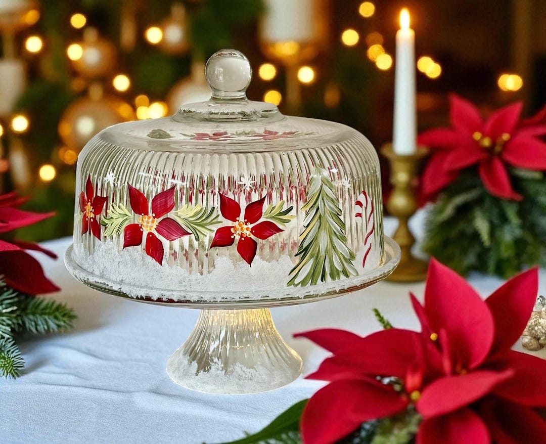 Painted Cake Dome Set Poinsettia, Covered Cake Dish, Punch Bowl