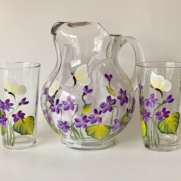 Hand painted violets glass pitcher set, juice glasses, Easter pitcher set, step mom gift, lemonade pitcher, water pitcher, godmother gift