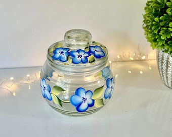 Candy or cookie jar with lid, painted blue flowers glass jar, candle holder centerpiece table decor, coworker birthday grab bag gift