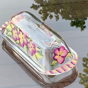 Painted butter dish with pink flowers, covered glass butter dish, bridal shower gift, mom kitchen gift, butter dish with lid, butter keeper