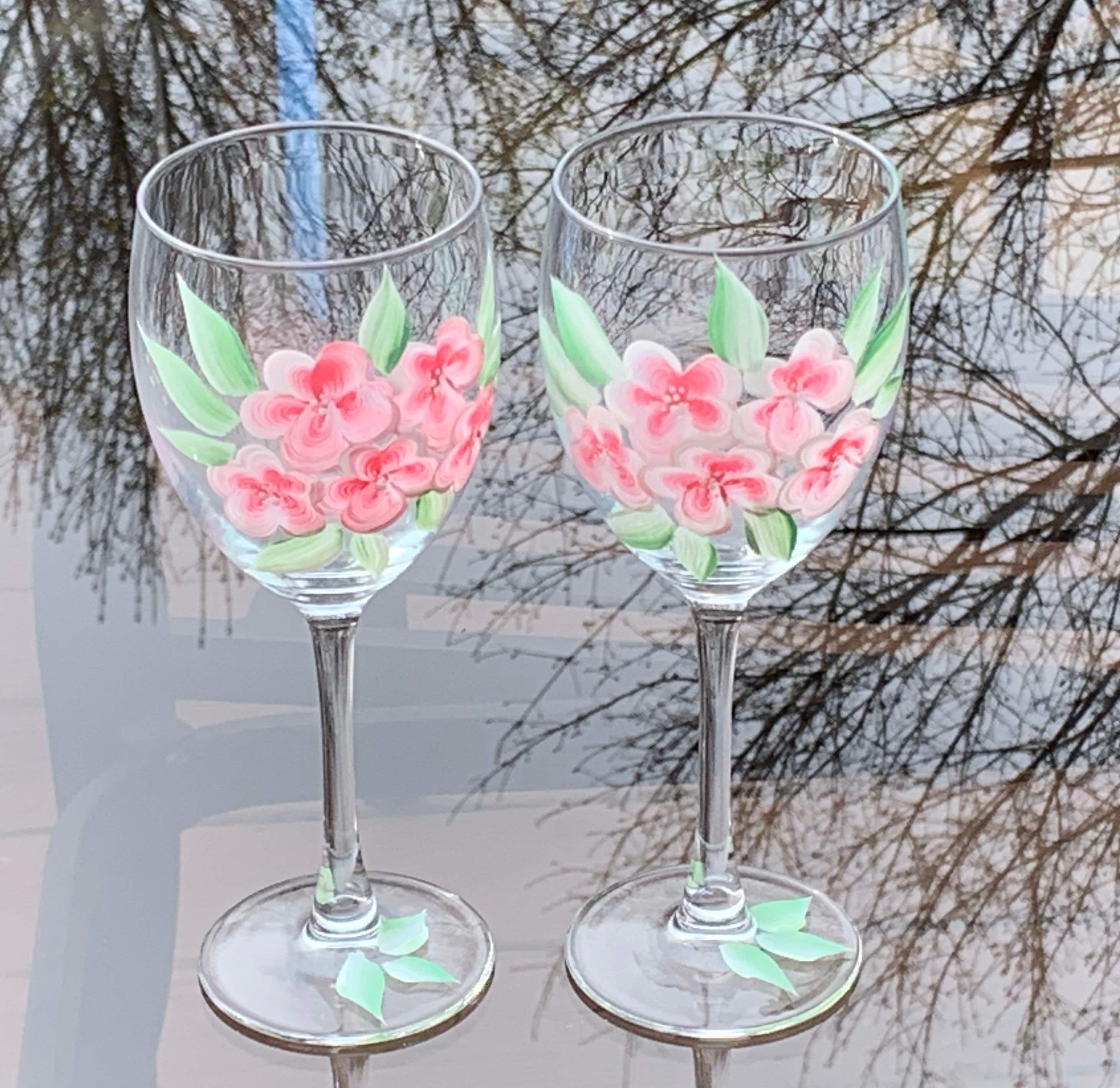 Set of 2 Hand painted Wine Glasses Pink Dogwood with Green Foliage